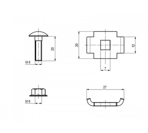 Винтовой соединительный комплект двойной 6x20 (Винт М6+гайка) (50 шт) INOX  vckd6x20-INOX  EKF