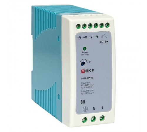 Блок питания на дин рейку 40Вт,Uвх ~ 220 В AC m, Uвых - 12 В DC постоянного тока DR-M-40W-12 EKF