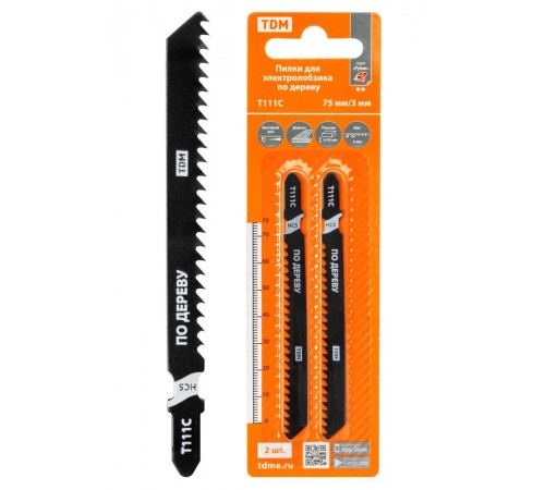 Пилки для электролобзика по дереву, HCS, 75х3 мм, быстрый рез, T111C, 2 шт, "Рубин", TDM  SQ1089-0204  TDM