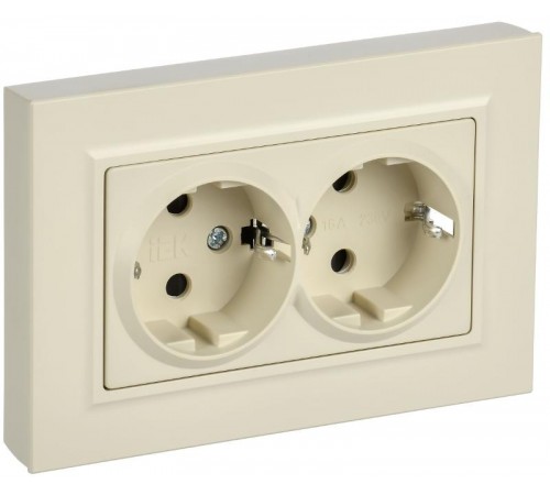 BRITE Розетка 2-местная с заземлением с защитными шторками плоская 16А в сборе РСшПл12-3-БрКр бежевый   BR-R28-16-K10-F  IEK