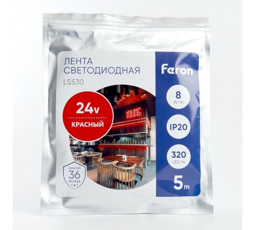 Лента светодиодная 320SMD(2110) 8Вт/м 24V 5000*8*1.8мм IP20, красный, LS530 FERON  48266  FERON