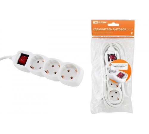 Удлинитель бытовой  У03В выключатель, 3 гнезда, 5метров, с заземлением, ПВС 3х1мм2  16А/250В   SQ1303-0102  TDM