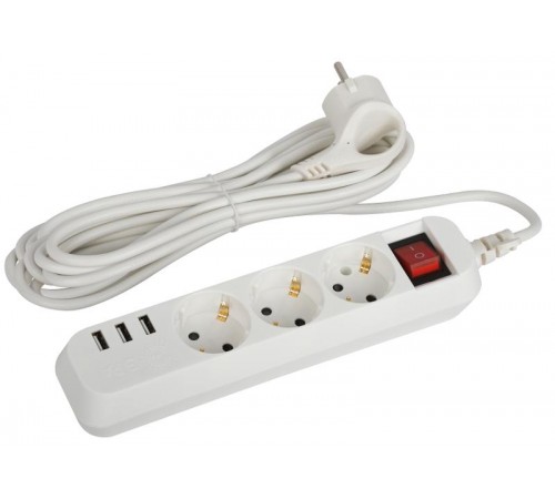 Удлинитель электрический  U-3es-5m-USB c заземлением с выключателем 3 розетки + 3xUSBA 5м 10А   Б0052902  ЭРА