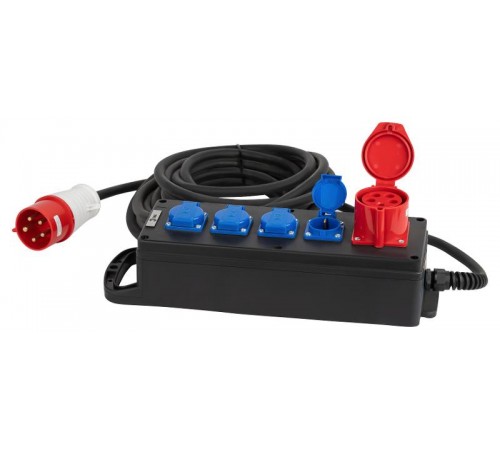 Удлинитель силовой IND380-U-5e-5x2,5-5m-IP44 380В на каучуковой колодке 5 розеток 1xCEE 5P/4xSCHUKO 5м КГ 5х2,5  Б0057315  ЭРА