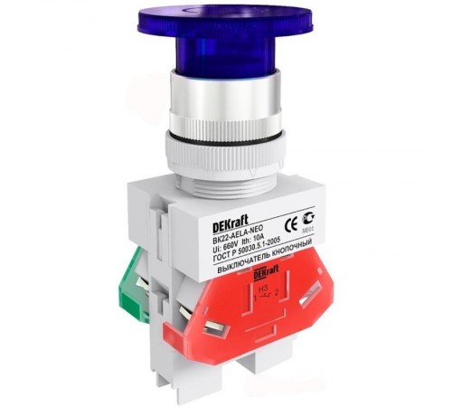 Выкл. кноп. грибок AELA 22 мм Цвет:СИНИЙ неон 220В  25032DEK  DEKraft