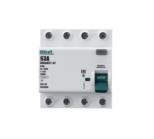 Выключатель дифференциальный (УЗО) УЗО-03 4п 63А 300мА тип AC 6кА  14252DEK  DEKraft