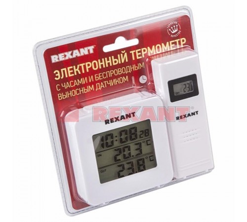 Электронный термометр с часами и беспроводным выносным датчиком  70-0592  REXANT