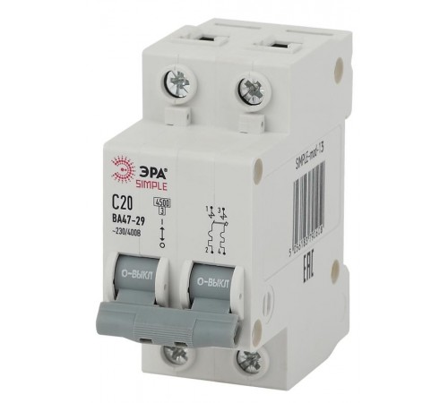 Выключатель автоматический двуххполюсный SIMPLE-mod-13 ВА47-29 2P 20А 4,5кА характеристика C SIMPLE  Б0039230  ЭРА