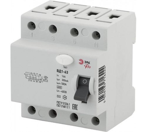 Выключатель дифференциальный (УЗО) (электромеханическое) NO-902-67 ВД1-63 3P+N 16А 300мА Pro  Б0031906  ЭРА
