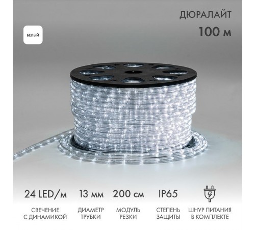 Дюралайт LED, свечение с динамикой (3W) - белый Эконом 24 LED/м , бухта 100м  121-325-4  NEON-NIGHT