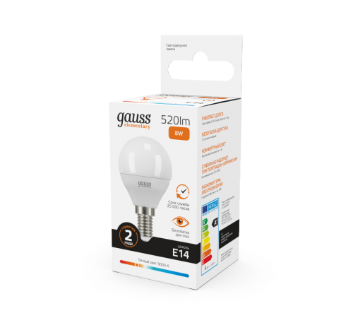 Лампа светодиодная LED 8Вт E14 220В 2700К Elementary шар  53118  Gauss