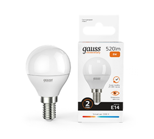 Лампа светодиодная LED 8Вт E14 220В 2700К Elementary шар  53118  Gauss