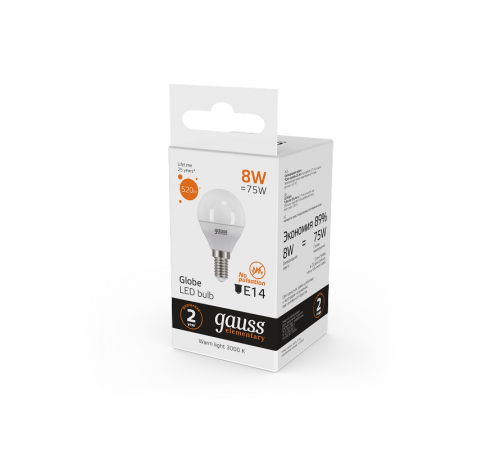 Лампа светодиодная LED 8Вт E14 220В 2700К Elementary шар  53118  Gauss