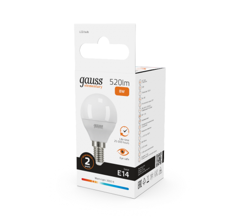 Лампа светодиодная LED 8Вт E14 220В 2700К Elementary шар  53118  Gauss
