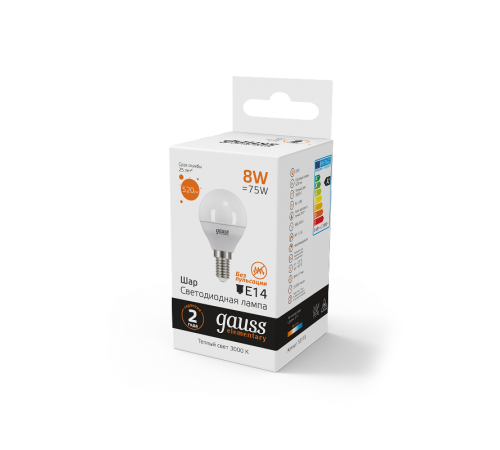 Лампа светодиодная LED 8Вт E14 220В 2700К Elementary шар  53118  Gauss