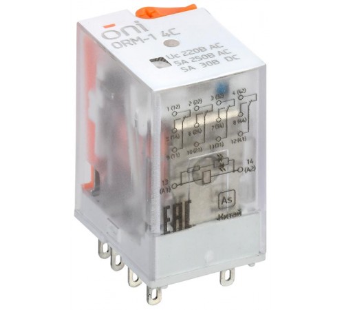 Реле интерфейсное ORM-1 4C 220В AC с LED и тест. кнопкой ONI  ORM-1-4C-AC220V-L-B  ONI