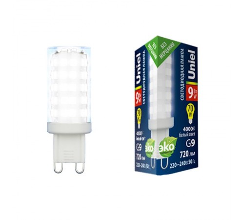 Лампа светодиодная LED-JCD-9W/4000K/G9/CL GLZ09TR LED, прозр 4000К  UL-00006489  Uniel