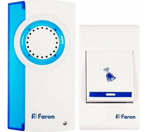 Звонок электрический дверной беспроводной E-221 звонок (кнопка IP20) 32 мелодии, 2*1,5V/АА, белый, синий  23677  FERON