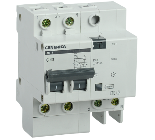 Выключатель автоматический дифференциального тока АД12 2п 40А C 300мА тип AC (4 мод)  MAD15-2-040-C-300  GENERICA