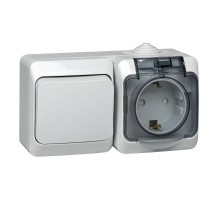 Этюд Серый О/У Блок Переключатель 1-клавишный + Розетка с заземлением со шторками IP44  BPA16-246C  SE