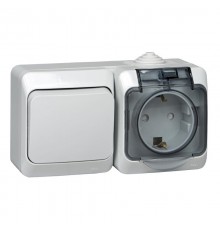 Этюд Серый О/У Блок Переключатель 1-клавишный + Розетка с заземлением со шторками IP44  BPA16-246C  SE