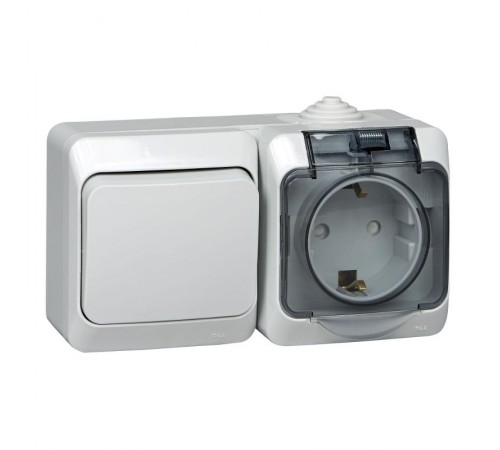 Этюд Серый О/У Блок Переключатель 1-клавишный + Розетка с заземлением со шторками IP44  BPA16-246C  SE