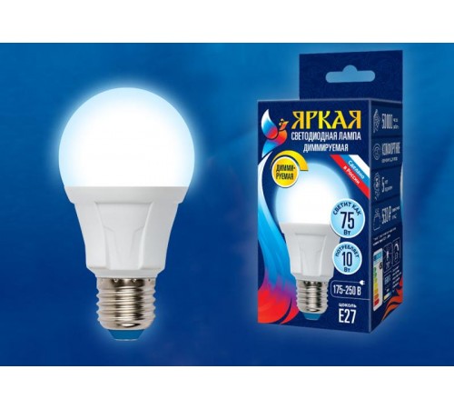 Лампа светодиодная LED-A60 10W/6500K/E27/FR/DIM PLP01WH LED, димм.. "груша", мат, серия Яркая, пр-во Россия, 6500К .  UL-00004285  Uniel