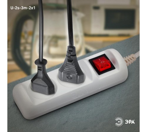 U-2s-3m-2x1 Удлин-ль без заземл, с выкл, 2гн, 3м, ПВС, 2х1мм2, 10А (20/720)  Б0044047  ЭРА