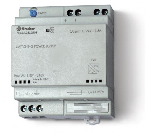 Импульсный источник питания; вход 110...240В AC; выход 24В DC, 60Вт; модульный, ширина 70мм; предохранитель входой цепи  786112302403  Finder