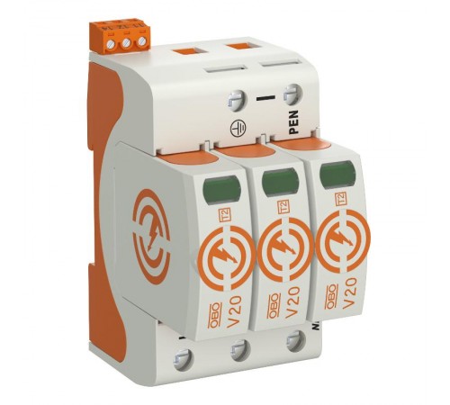 Устройства защиты от импульсных перенапряжений УЗИП для силовых сетей 3 пол. (Класс II), 550 В (V20-3+FS-550)  5095313  OBO Bettermann