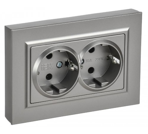 BRITE Розетка 2-местная с заземлением без защитных шторок плоская 16А в сборе РСПл12-3-БрС сталь   BR-R27-16-K46-F  IEK