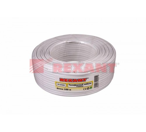 Телефонный кабель ШТЛП 4 жилы Cu, белый, бухта 100м  01-5101  REXANT