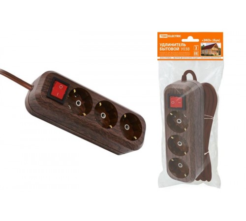 Удлинитель бытовой  У03В выключатель, 3 гнезда, 5метров,2П+3, ПВС 3х1мм2 "Эко" (бук) 16А/250В  SQ1303-3102  TDM