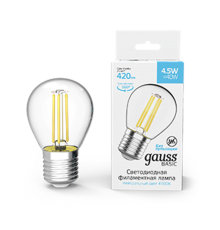 Лампа светодиодная Basic Filament Шар 4,5W 420lm 4100К Е27 LED 1/10/50  1051215  Gauss