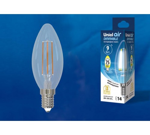Лампа светодиодная LED-C35-9W/4000K/E14/CL/DIM GLA01TR LED диммируемая. "свеча", прозр серия Air. 4000K  UL-00005186  Uniel