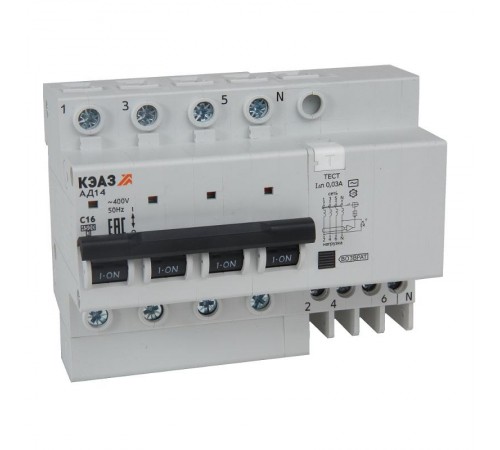 Выключатель автоматический дифференциального тока АД14-41C6-АC-УХЛ4 (4P, C6, 10mA) 4,5кА 318750  КЭАЗ