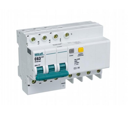Выключатель автоматический дифференциального тока со встроенной защитой от сверхтоков ДИФ-101 3P+N 63А 30мА AC С  15190DEK  DEKraft