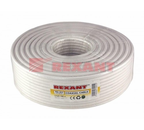 Кабель RG-6U+CU, (64%), 75 Ом, 100м., белый  01-2221  REXANT