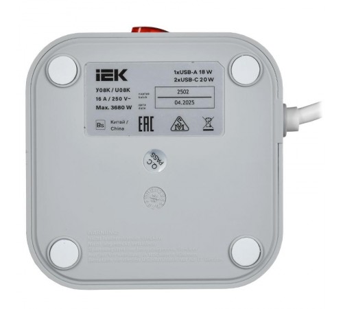 DOMINIC Удлинитель У08K 1,5м 3х1мм2 USB A+C 20Вт сер  DN-YP30-16-08-01-ZKU-K41  IEK