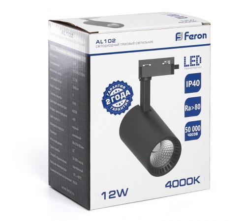 Светильник светодиодный трековый однофазный AL102, 12W, 1080 Lm, 4000К, 60 градусов, черный  32516  FERON