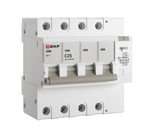 Выключатель автоматический дифференциального тока АД-4 25А/100мА (характеристика C, AC, электронный, защита 270В) 6кА PROxima  DA4-6-25-100-pro  EKF
