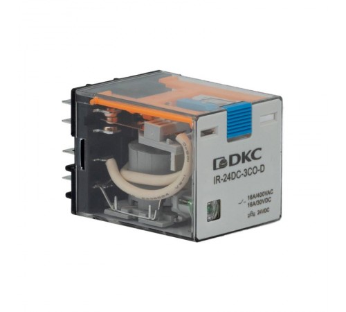 Одиночное реле, 3 перекидных контакта, 24 В DC, до 16 А  IR-24DC-3CO-D  DKC