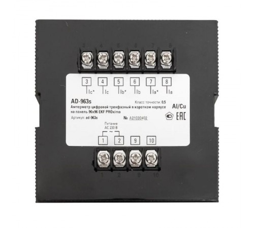 Амперметр AD-963s цифровой на панель 96x96 (квадратный вырез) трехфазный в коротком корпусе PROxima  AD-963s  EKF
