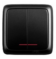 Выключатель открытой установки, двухклавишный, с индикацией, с изолирующей пластиной, цвет черный  ВА10-154-08  HEGEL