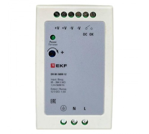 Блок питания на дин рейку 100Вт,Uвх ~ 220 В AC m, Uвых - 12 В DC постоянного тока DR-M-100W-12 EKF