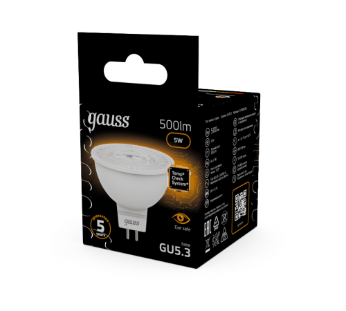 Лампа светодиодная LED 5Вт GU5.3 220В 3000К MR16  101505105  Gauss