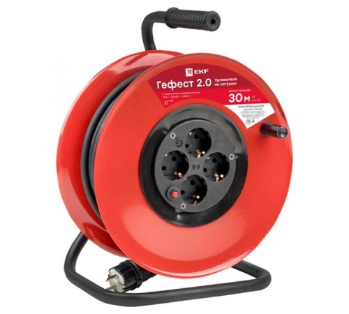 Удлинитель на катушке "Гефест 2.0" 4 гнезда 30м с заземлением и предохранителем КГ 3*2,5 16А/3,5кВт PROxima  UKG02-16-R325-4-30  EKF