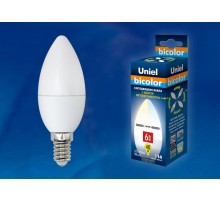 Лампа светодиодная LED-C37-6W/WW+NW/E14/FR PLB01WH LED. "свеча", матовая. серия Bicolor. .  UL-00001570  Uniel