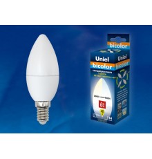 Лампа светодиодная LED-C37-6W/WW+NW/E14/FR PLB01WH LED. "свеча", матовая. серия Bicolor. .  UL-00001570  Uniel