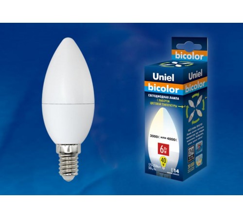 Лампа светодиодная LED-C37-6W/WW+NW/E14/FR PLB01WH LED. "свеча", матовая. серия Bicolor. .  UL-00001570  Uniel